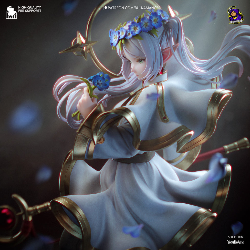Frieren resin collector statue 3D render, close-up side view with flower wreath
