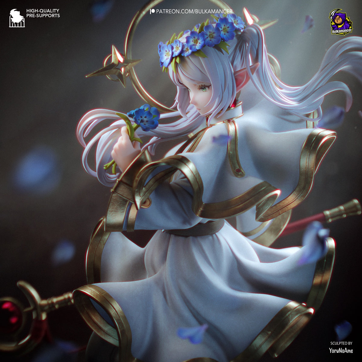Frieren resin collector statue 3D render, close-up side view with flower wreath