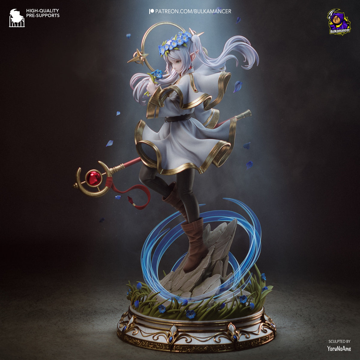 Frieren flower wreath resin collector statue 3D render, front view