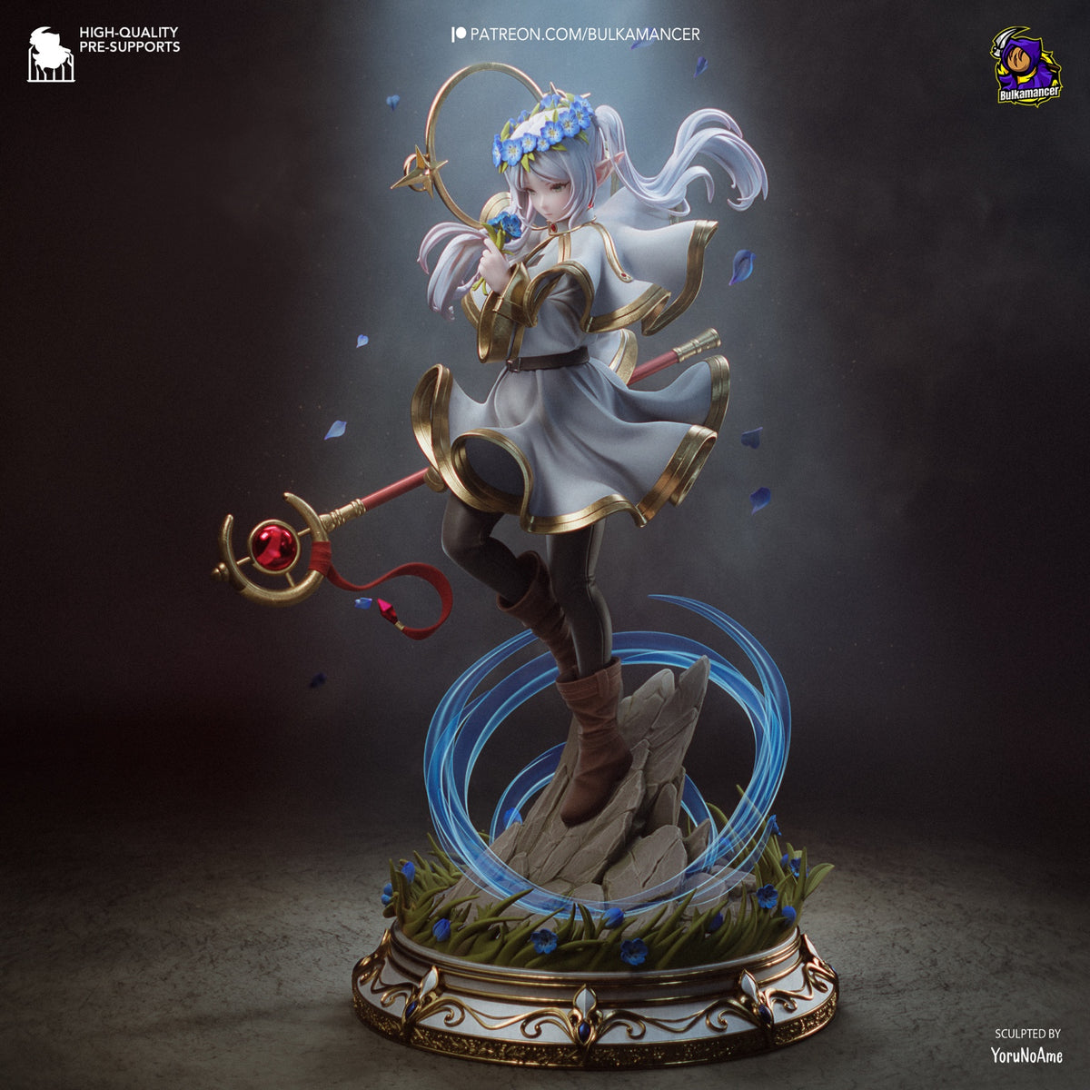 Frieren flower wreath resin collector statue 3D render, full view