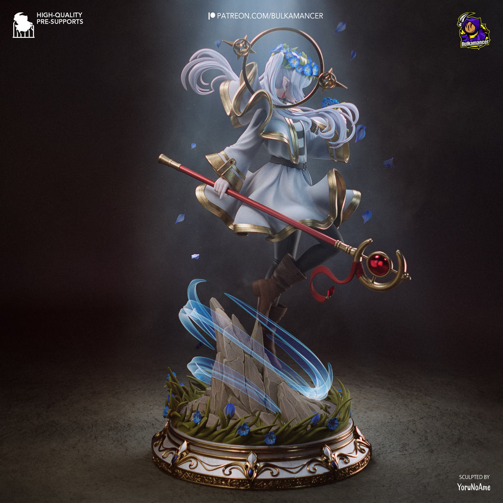 Frieren resin collector statue 3D render, rear three-quarter view
