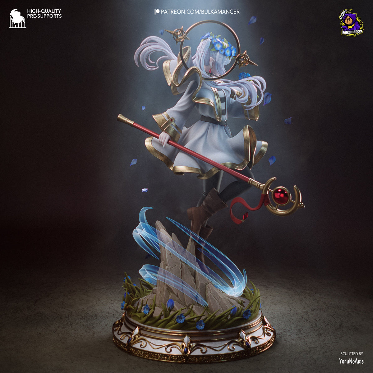 Frieren resin collector statue 3D render, rear three-quarter view