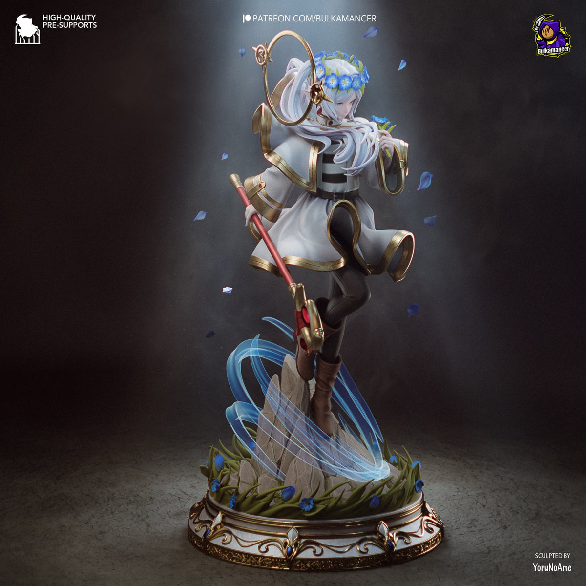 Frieren resin collector statue 3D render, three-quarter view
